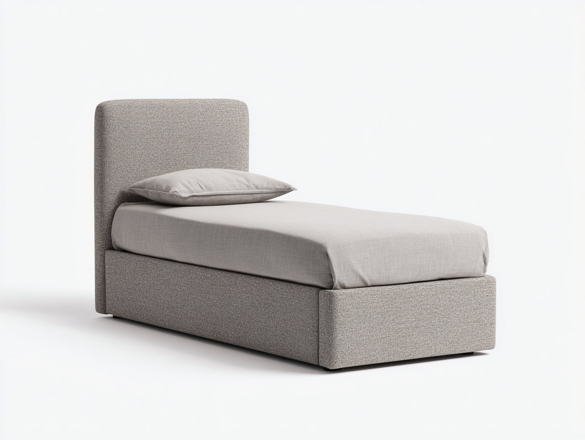 Einzelbett mit Stoffbezug 200 x 100 x 110 cm - Beige - Gepolstertes Kopfteil und modernes Design