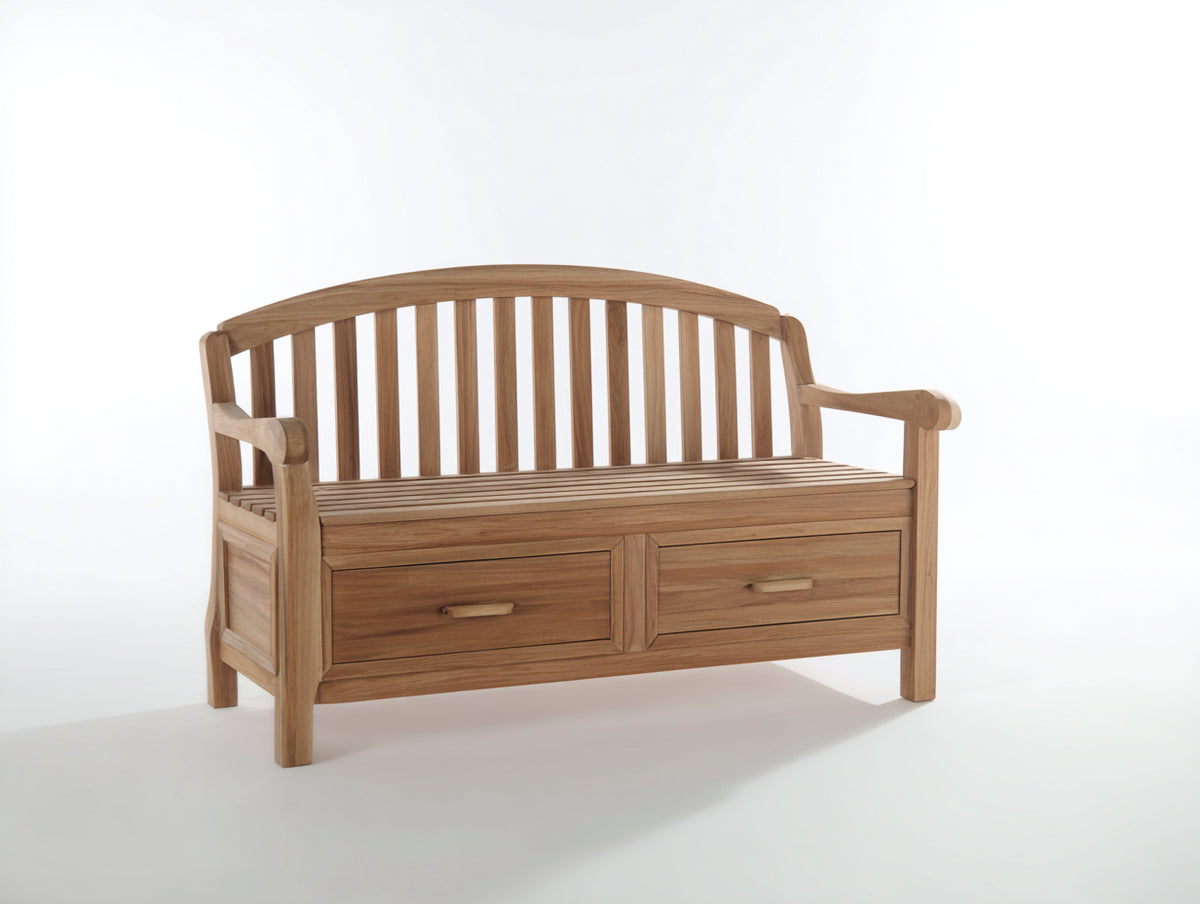 Gartenbank Massivholz 130x60x95 cm - Naturbraun - Zweiersitzbank mit 2 Schubladen und Lattenrücken