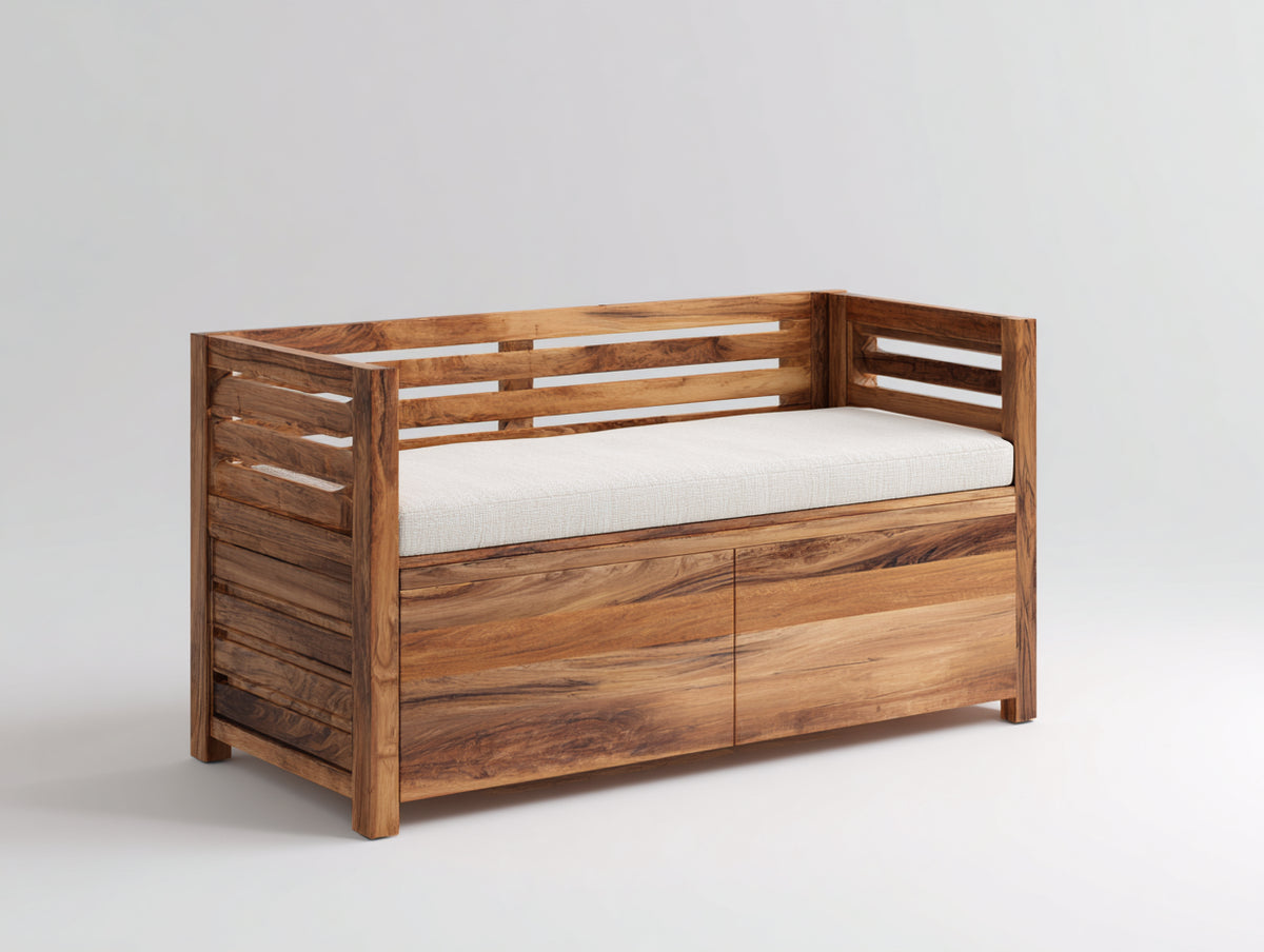 Gartenbank aus Holz 140 x 60 x 85 cm - Naturholz-Cremeweiß - Mit Stauraum und Lattenstruktur
