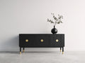 Dielenschrank aus Holzwerkstoff 150 x 42 x 80 cm - Schwarz Gold - modernes dreitüriges Design mit erhöhtem Stand