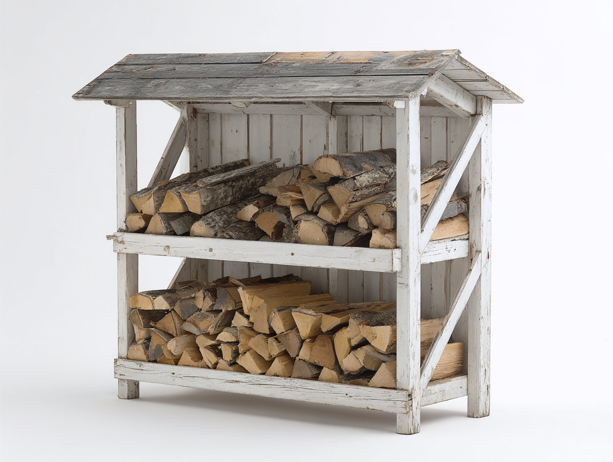 Kaminholzregal Holz 135x60x150 cm - Weiß-Grau - Überdachtes Regal mit 2 Lagerfächern im Landhausstil