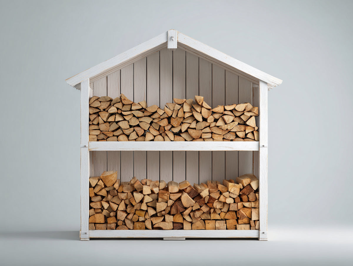 Kaminholzregal Holz 150x45x190 cm - Weiß-Naturholz - 2 offene Ebenen mit Satteldach - rustikales Design