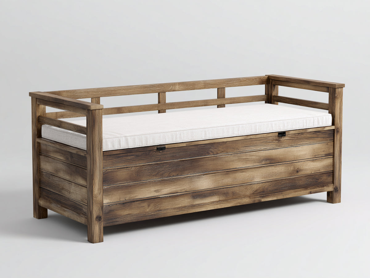 Gartenbank Massivholz 150x60x85 cm - Naturbraun und Cremeweiß - Zweiersitzbank mit Stauraum und Armlehnen
