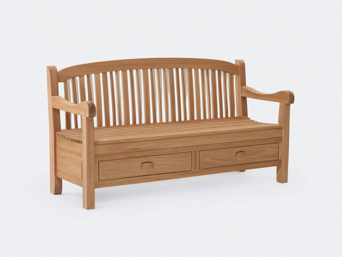 Gartenbank aus Holz 150 x 60 x 95 cm - Naturholz - Mit Armlehnen 2 Schubladen und Lattenstruktur