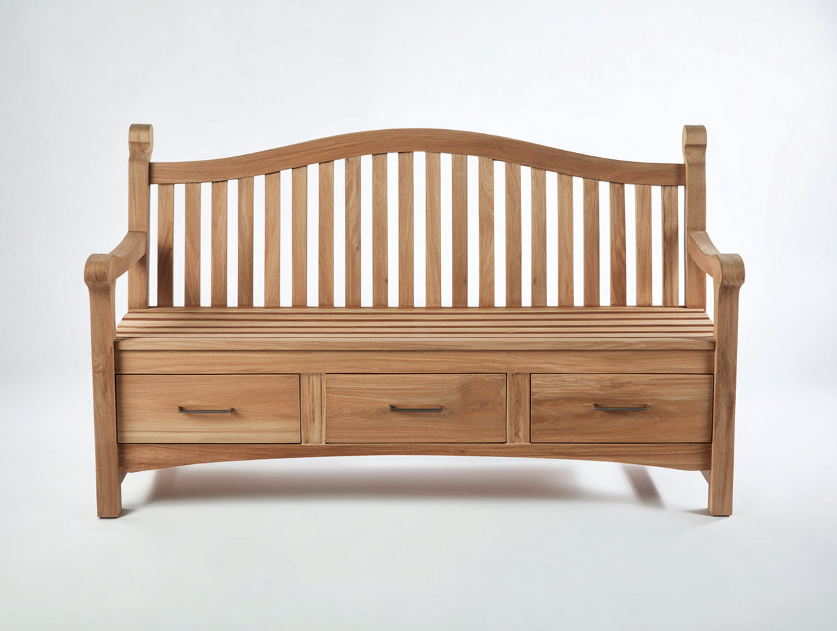 Gartenbank Holz 160x65x92 cm - Naturholz - Lattenrückenlehne mit Armlehnen und 3 Schubladen - klassischer Gartenstil
