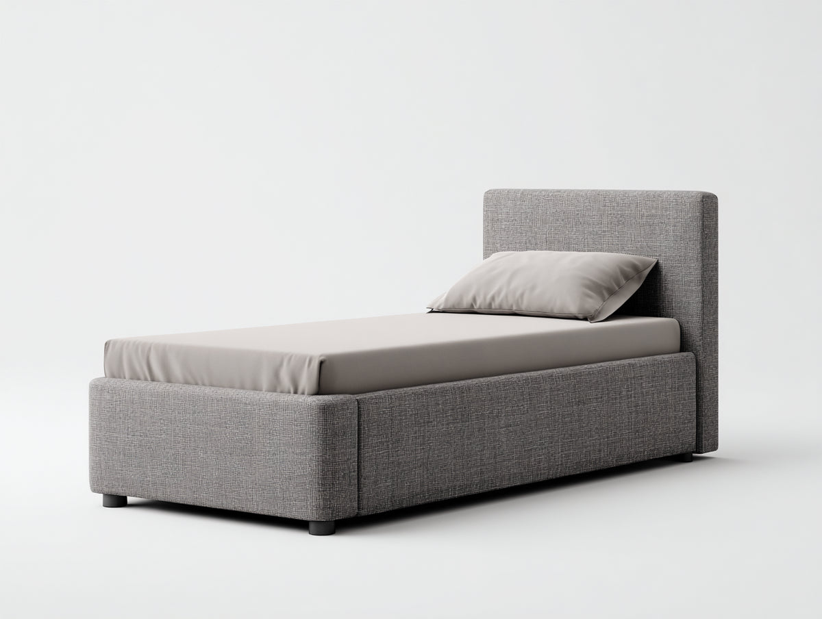 Einzelbett Stoff und Holz 210x100x95 cm - Grau - Modernes Polsterbett mit hohem Kopfteil