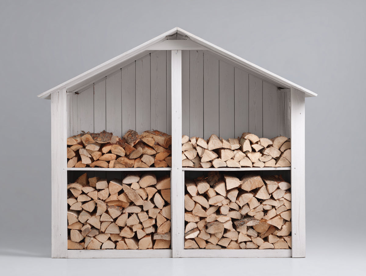 Kaminholzregal Holz 180x55x190 cm - Weiß - Überdachtes Doppelregal mit 4 Lagerfächern
