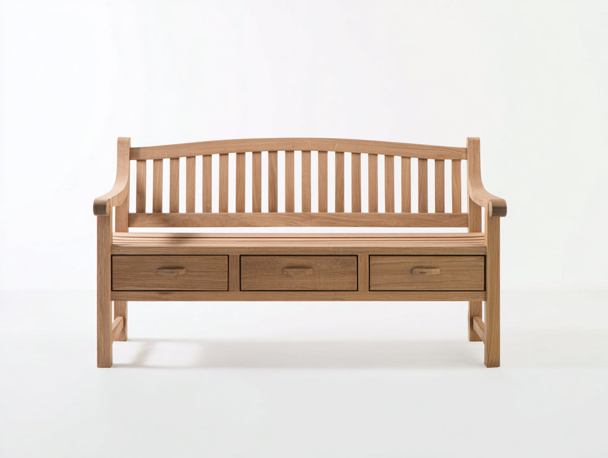 Gartenbank aus Holz 160 x 62 x 92 cm - Natur - klassisches Design mit Lattenrücken und 3 Schubladen