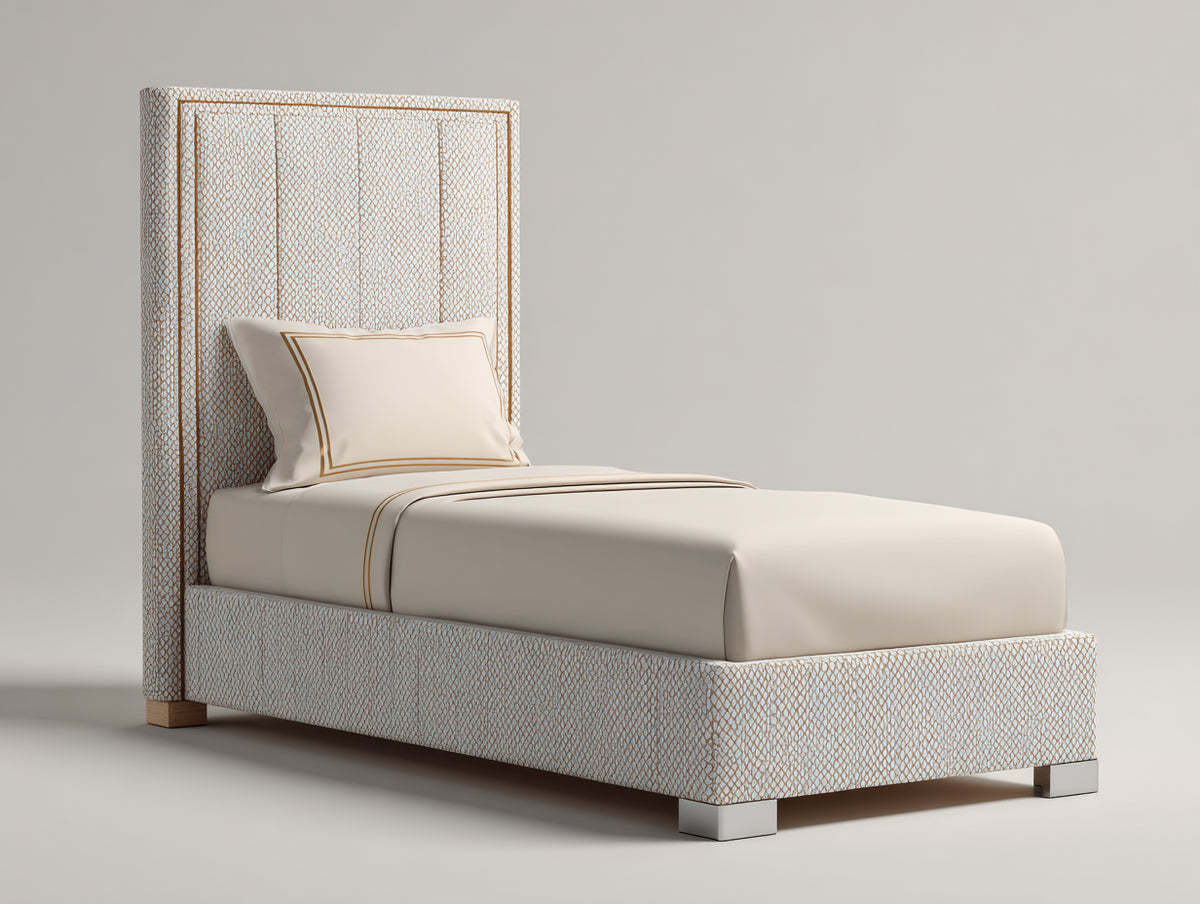 Einzelbett mit Stoffbezug 210 x 105 x 145 cm - Creme Gold - modernes Polsterdesign mit hohem Kopfteil