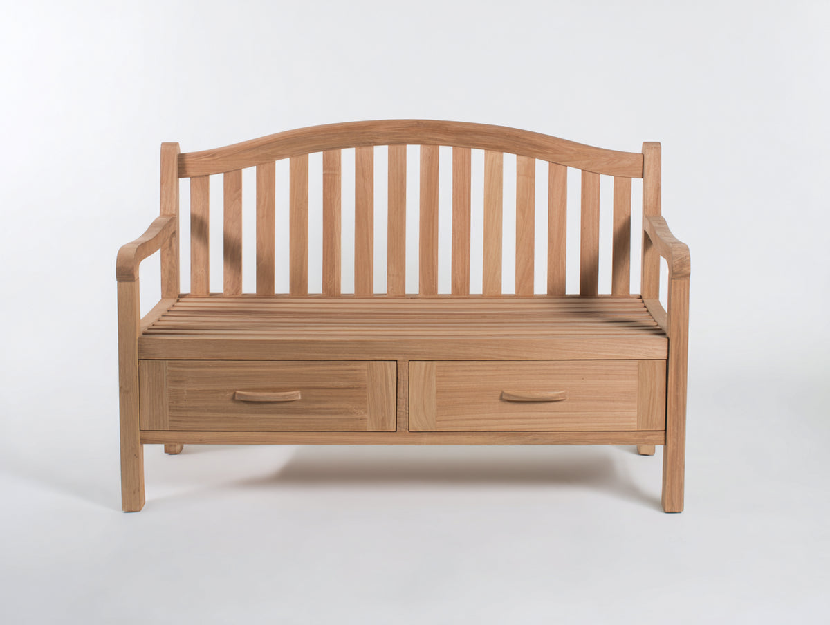 Gartenbank Holz 150x65x95 cm - Naturholz - Klassische Bank mit 2 Schubladen und Armlehnen