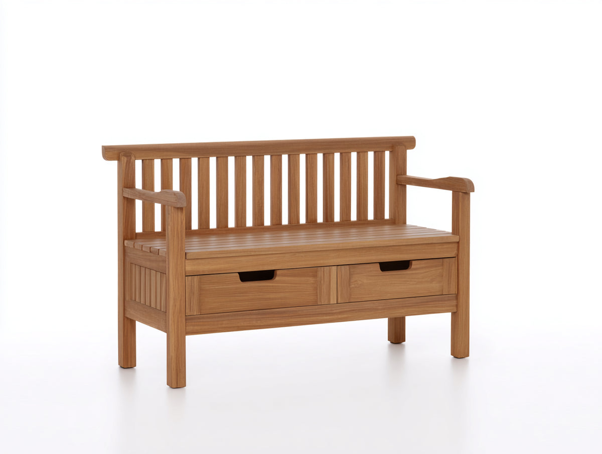 Gartenbank aus Holz 140 x 60 x 90 cm - Natur - klassisches Latten Design mit 2 Schubladen