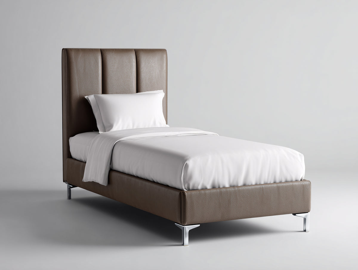 Einzelbett Kunstleder und Metall 210x100x110 cm - Taupe und Silber - Modernes Polsterbett mit hohem Kopfteil