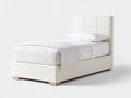 Einzelbett Stoff und Holz 210x100x105 cm - Cremeweiß und Natur - Modernes Polsterbett mit gepolstertem Kopfteil