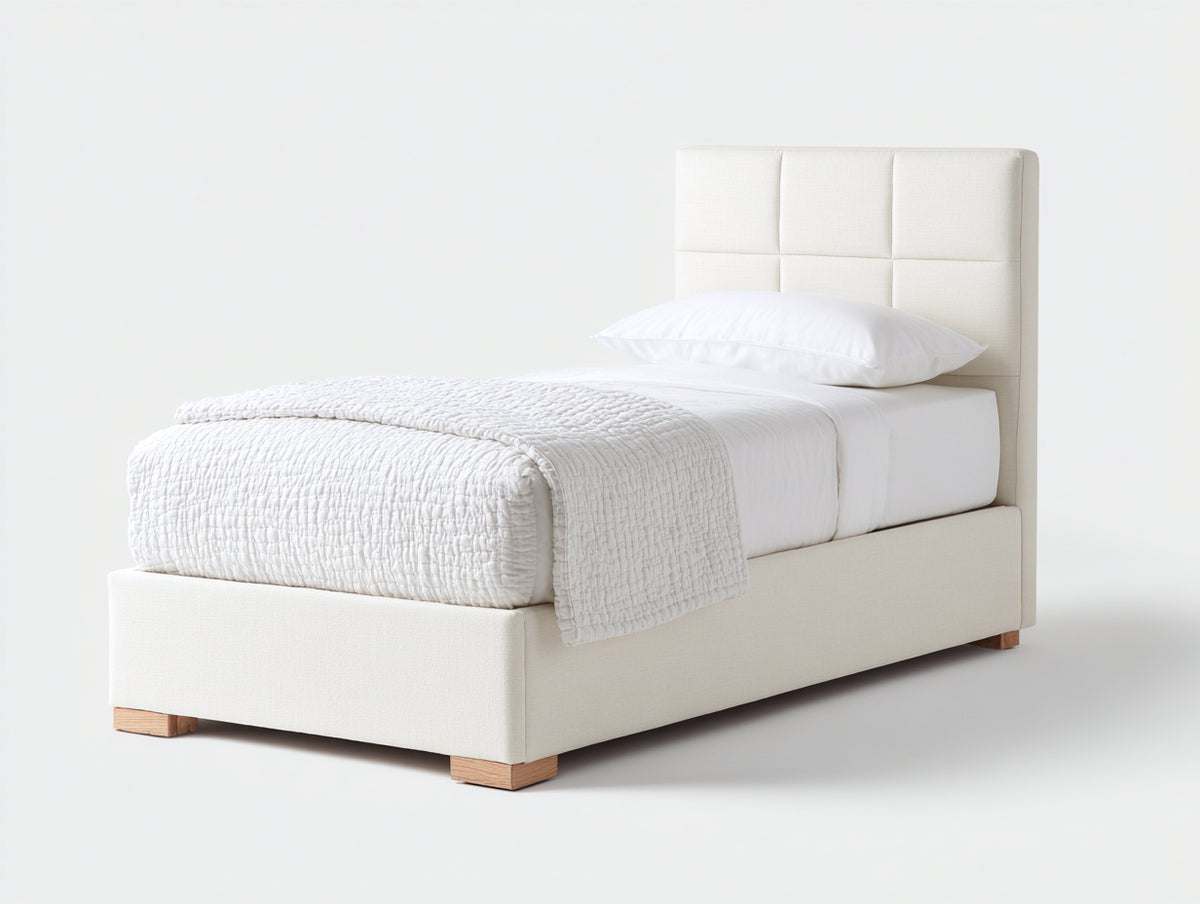 Einzelbett Stoff und Holz 210x100x105 cm - Cremeweiß und Natur - Modernes Polsterbett mit gepolstertem Kopfteil