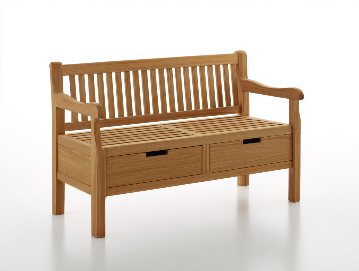 Gartenbank Holz 150x65x95 cm - Naturholz - Klassische Bank mit 2 Schubladen und Armlehnen